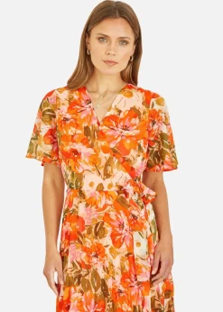Yumi Orange Floral Midi Wrap Pleated Dress