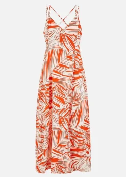 Yumi Orange Leaf Print Maxi Dress With Cross Back