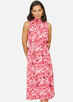 Yumi Pink Blossom Print Halter Neck Midi Dress With Split Hem