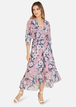 Yumi Pink Floral Kimono Dipped Hem Dress