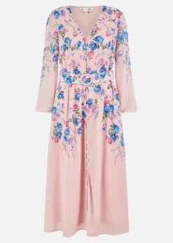 Yumi Pink Floral Placement Button Down Midi Dress With Long Sleeves
