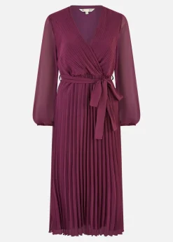 Yumi Plum Pleated Wrap Midi Dress With Sheer Long Sleeves