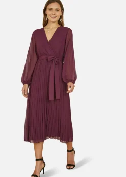 Yumi Plum Pleated Wrap Midi Dress With Sheer Long Sleeves
