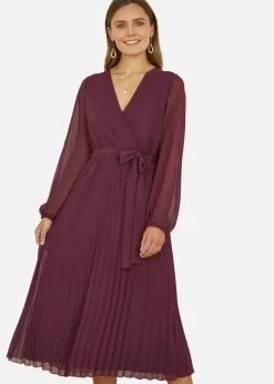 Yumi Plum Pleated Wrap Midi Dress With Sheer Long Sleeves