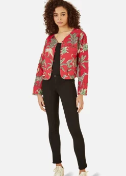 Yumi Red Animal Print Reversible Cotton Cropped Quilted Jacket
