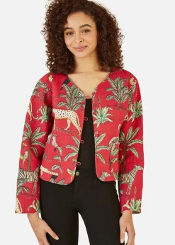 Yumi Red Animal Print Reversible Cotton Cropped Quilted Jacket