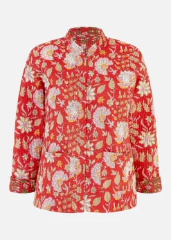 Yumi Red Floral Print Reversible Cotton Quilted Jacket