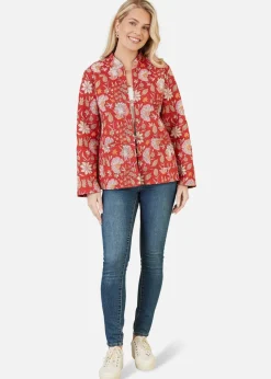 Yumi Red Floral Print Reversible Cotton Quilted Jacket