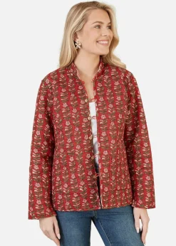 Yumi Red Floral Print Reversible Cotton Quilted Jacket