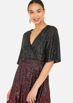 Yumi Red Sequin Ombre Midi Wrap Dress