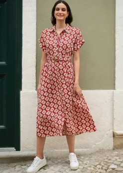 Yumi Red Viscose Midi Shirt Dress With Matching Belt