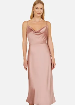 Yumi Rose Pink Satin Cowl Neck Midi Dress