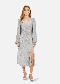 Yumi Silver Sequin Ruched Front Long Sleeve Midi Dress