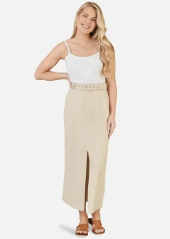 Yumi Stone Cotton Midi Skirt With Belt And Split Hem
