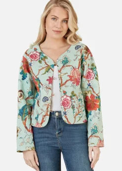 Yumi Stone Floral Print Reversible Cotton Cropped Quilted Jacket
