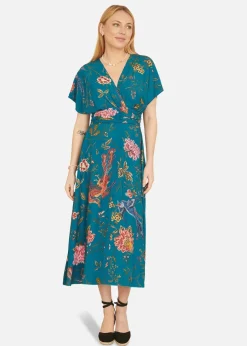Yumi Teal Bird and Floral Print Ruched Waist Kimono Midi Dress