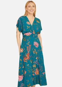 Yumi Teal Bird and Floral Print Ruched Waist Kimono Midi Dress