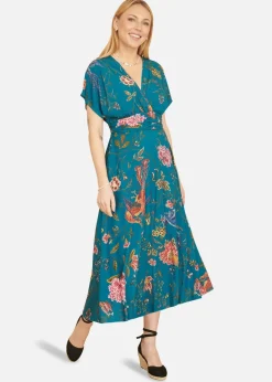 Yumi Teal Bird and Floral Print Ruched Waist Kimono Midi Dress