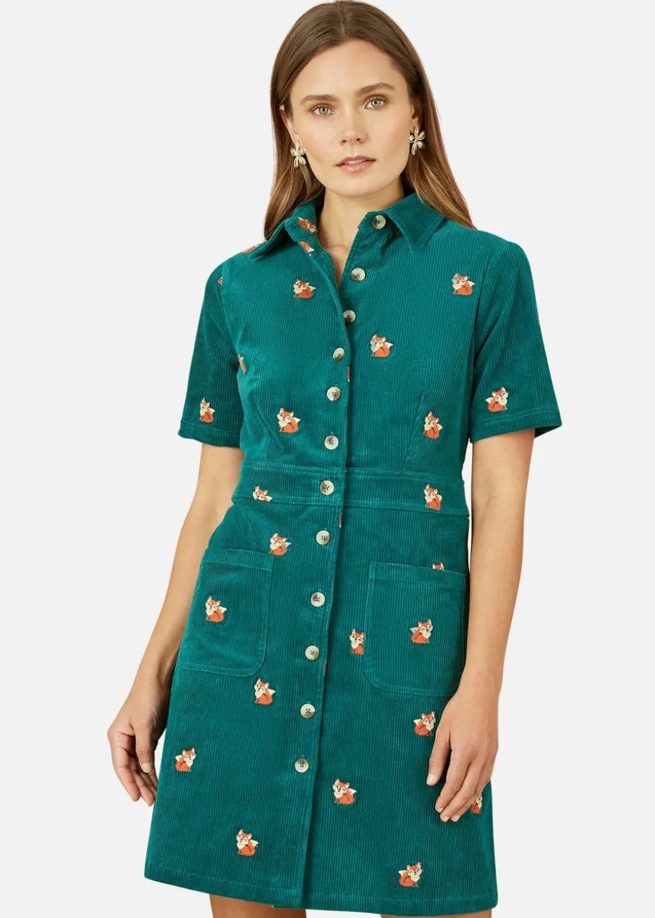 Yumi Teal Cord Shirt Dress With All Over Fox Embroidery