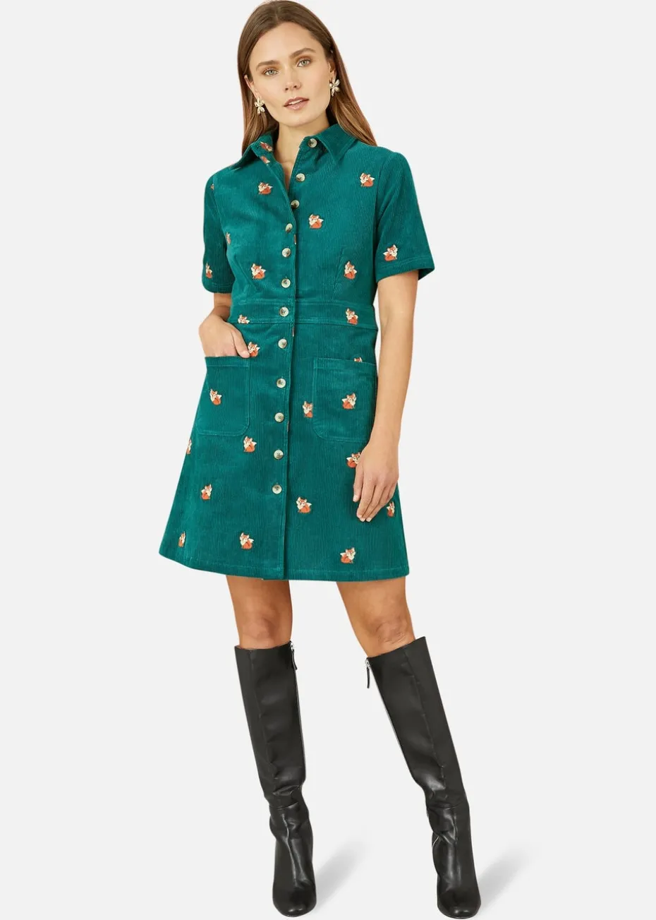 Yumi Teal Cord Shirt Dress With All Over Fox Embroidery