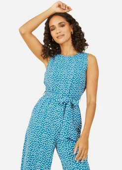 Yumi Teal Ditsy Daisy Sleeveless Culotte Jumpsuit