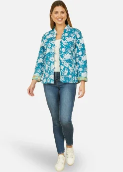 Yumi Teal Floral Reversible Cotton Quilted Jacket
