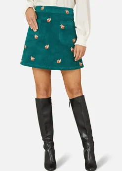 Yumi Teal Fox Embroidered Cord Mini Skirt