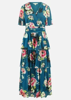 Yumi Teal Green Floral Mesh Tiered Maxi Dress