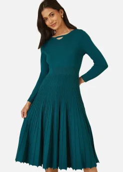Yumi Teal Knitted Pleated Skater Dress With Notch Neckline