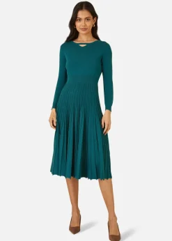 Yumi Teal Knitted Pleated Skater Dress With Notch Neckline
