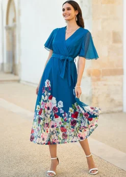 Yumi Teal Mesh Wrap Midi Dress With Floral Hem Border