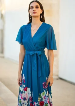 Yumi Teal Mesh Wrap Midi Dress With Floral Hem Border