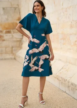 Yumi Teal Recycled Fabric Crane Print Kimono Midi Dress