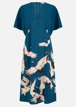Yumi Teal Recycled Fabric Crane Print Kimono Midi Dress