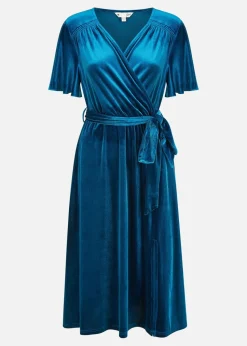 Yumi Teal Wrap Over Midi Dress With Angel Sleeves & Split Hem