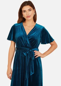Yumi Teal Wrap Over Midi Dress With Angel Sleeves & Split Hem