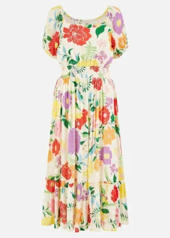 Yumi White Big Floral Midi Dress