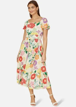 Yumi White Big Floral Midi Dress