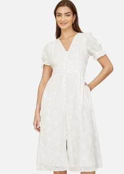 Yumi White Cotton Broderie Anglaise Midi Button Up Dress