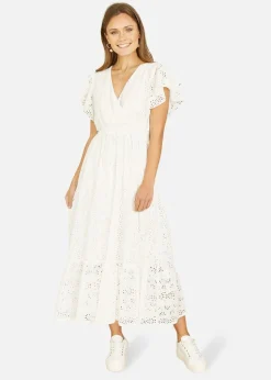 Yumi White Cotton Broderie Anglaise Wrap Midi Dress