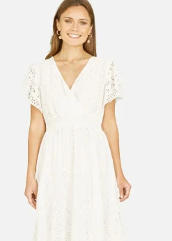 Yumi White Cotton Broderie Anglaise Wrap Midi Dress