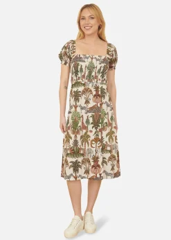 Yumi White Cotton Safari Print Ruched Midi Dress