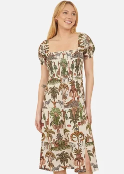 Yumi White Cotton Safari Print Ruched Midi Dress