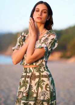 Yumi White Cotton Voile Safari Ruched Crop Top