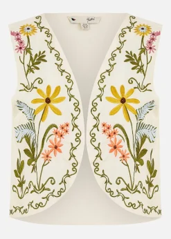 Yumi White Floral Embroidered Cotton Waist Coat