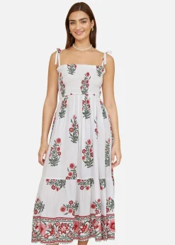 Yumi White Floral Printed Smocked Midi Dress