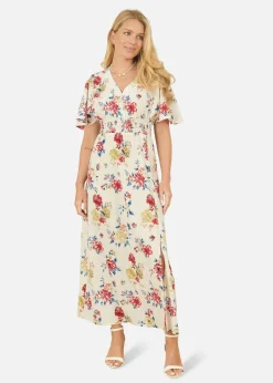 Yumi White Floral Recycled Fabric Ruched Waist Midi Dress