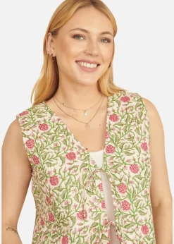 Yumi White Floral Reversible Cotton Quilted Waistcoat