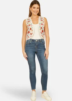 Yumi White Folk Embroidered Cotton Waist Coat