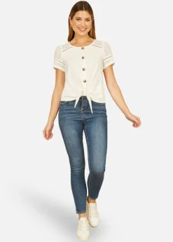 Yumi White Jersey Button Detail T Shirt With Broderie Anglaise Sleeves & Tie Front